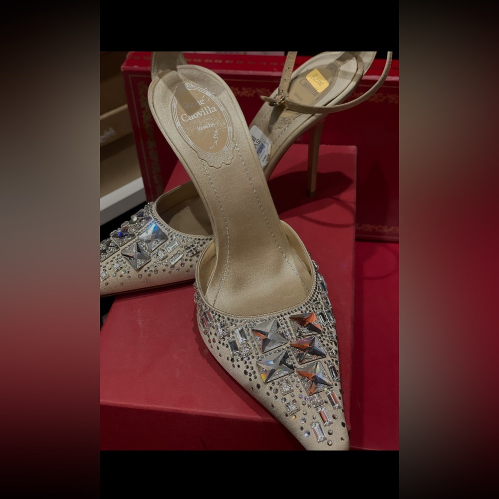 Rene Caovilla Gold Crystal Embellished Heels
